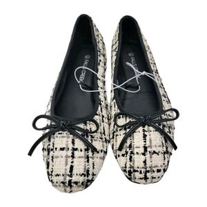 Falls Creek Tweed Ballet Flats Size 10 Black White Plaid Bow Parisian Chic